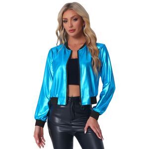 Sparkle Holographic Metallic Lightweight Shiny Bomber Jacket Peacock Blue